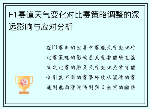 F1赛道天气变化对比赛策略调整的深远影响与应对分析