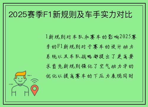 2025赛季F1新规则及车手实力对比