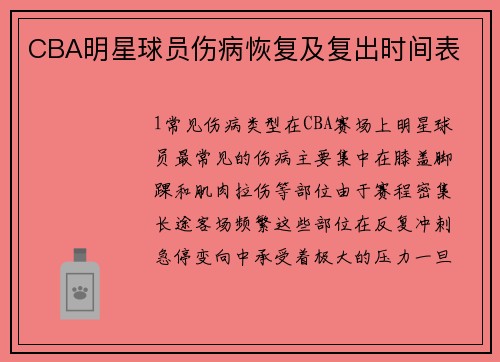CBA明星球员伤病恢复及复出时间表
