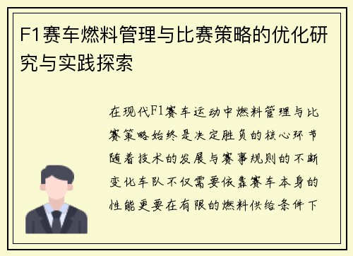 F1赛车燃料管理与比赛策略的优化研究与实践探索